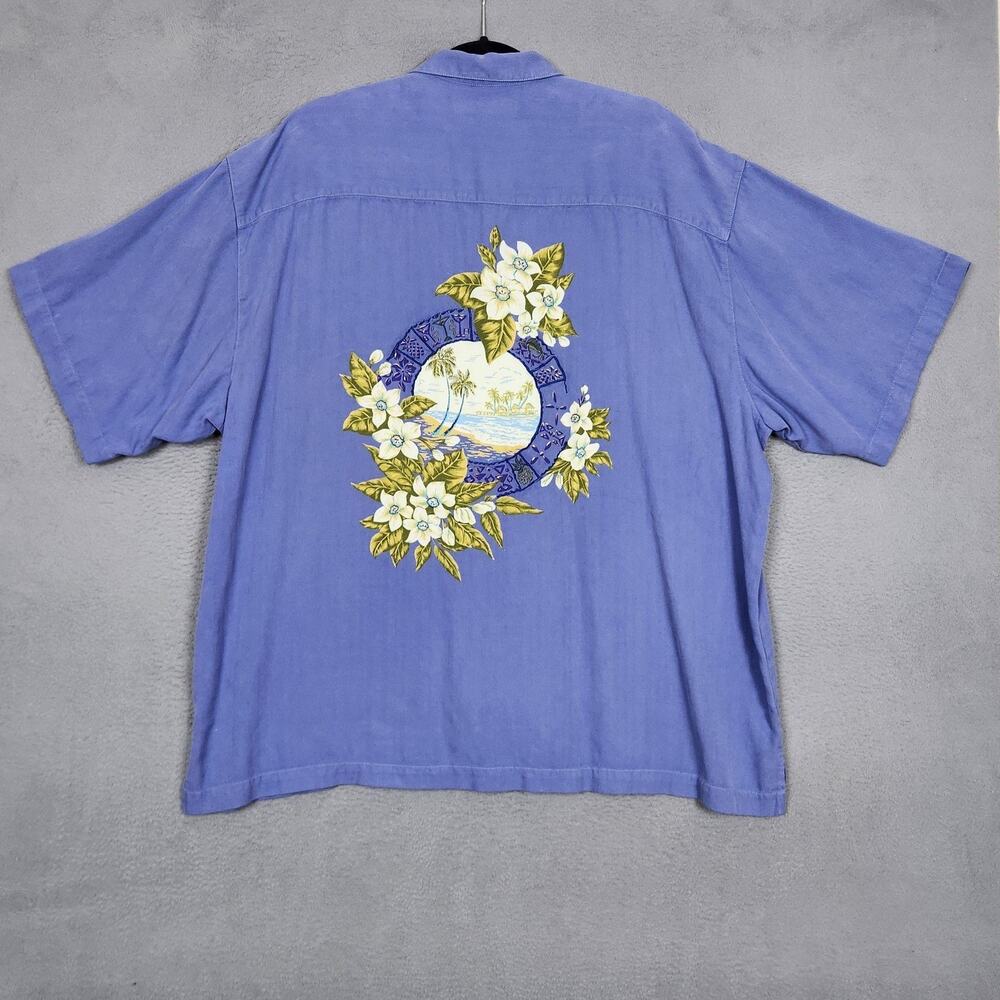 TOMMY BAHAMA Shirt Mens 2XL Blue Floral 100% Silk Hawaiian Tropical Loop Collar